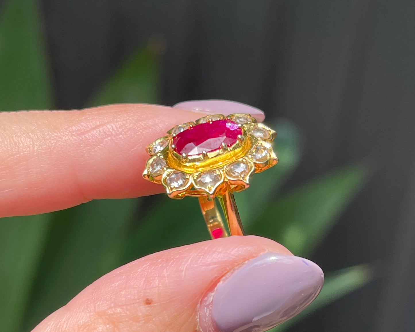 Antique style 2.5ct Ruby & Rose-Cut Diamond Cluster Ring in 14ct Yellow Gold