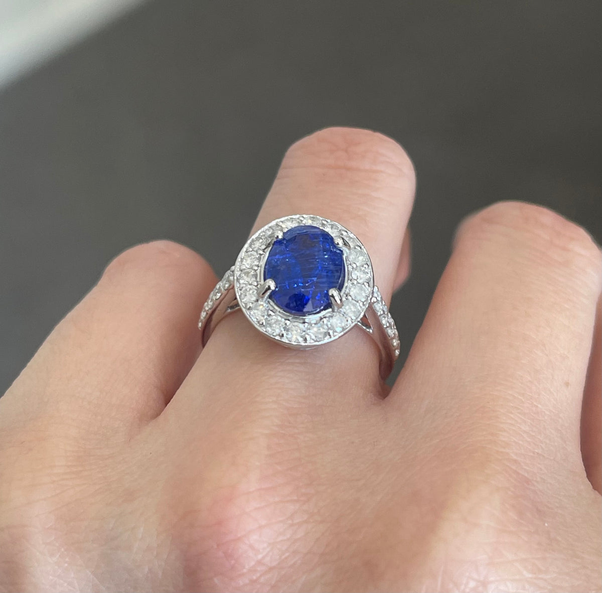 4.07ct Natural Tanzanite Diamond Halo Ring In 14ct White Gold