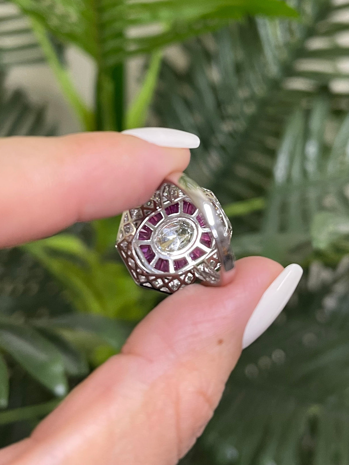 Art Deco Inspired Natural Ruby & Diamond Ring In 14ct White Gold