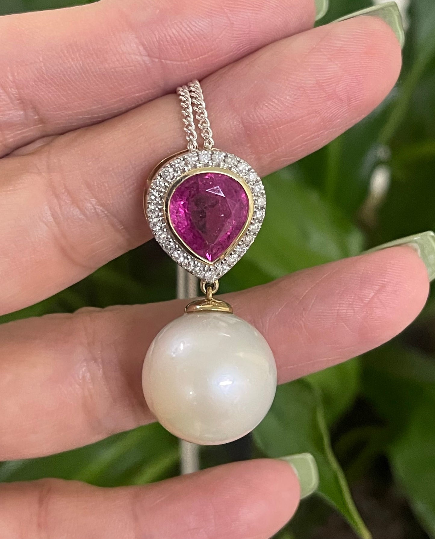Genuine South Sea Pearl & Tourmaline Diamond Pendant In 14ct Yellow Gold ( No Chain)