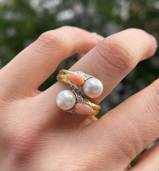 Twin flame vintage 18ct Yellow Gold Japanese Akoya Pearl, Pink Coral Shell & Diamond Ring