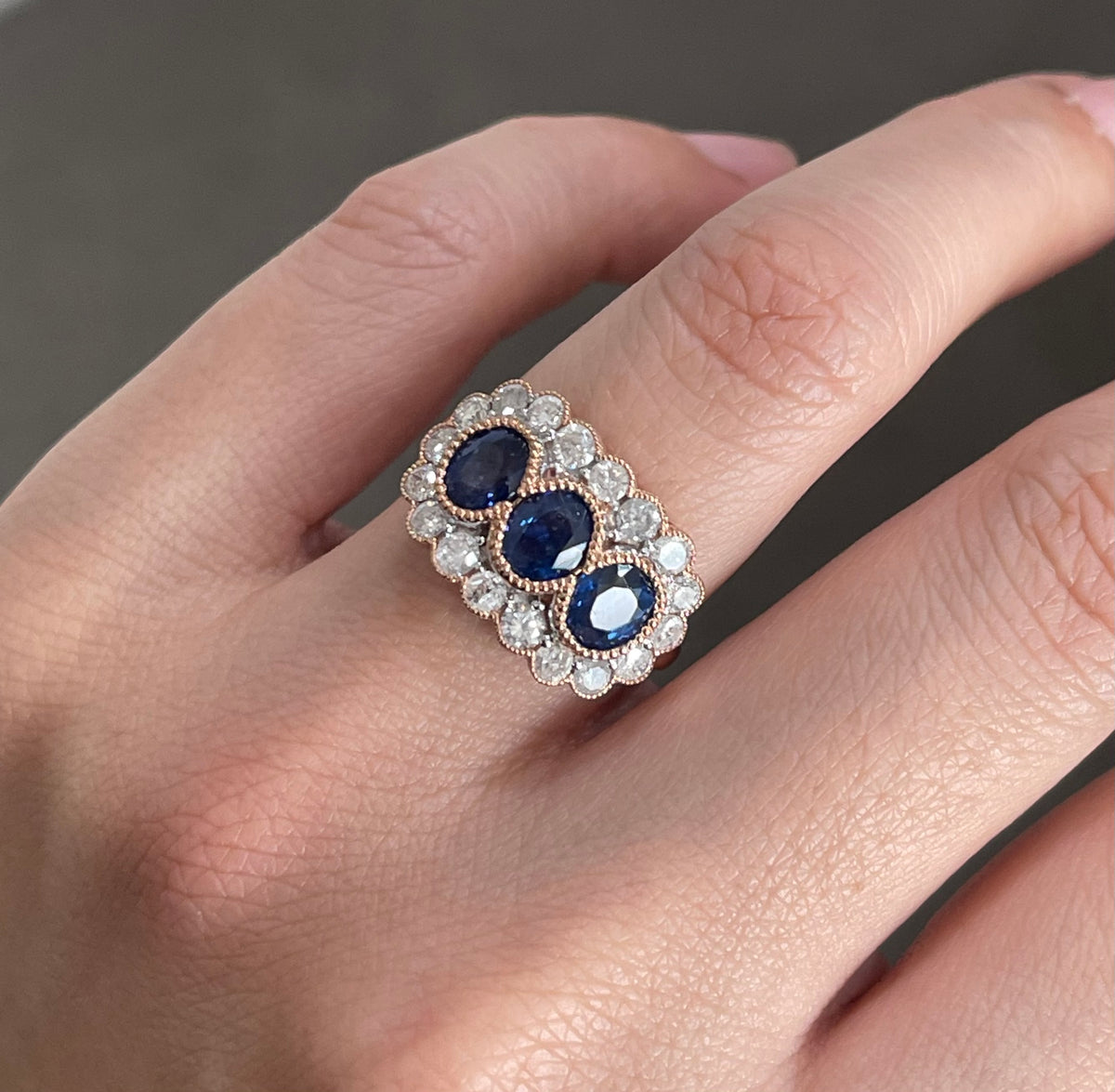 Classic Natural Sapphire Diamond Trilogy Ring In 14ct Rose Gold