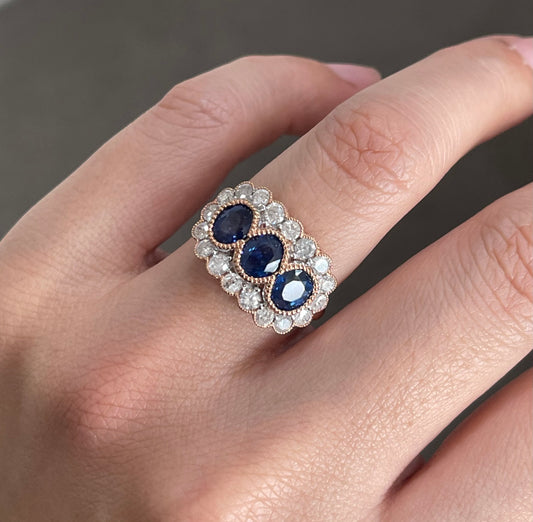 Classic Natural Sapphire Diamond Trilogy Ring In 14ct Rose Gold