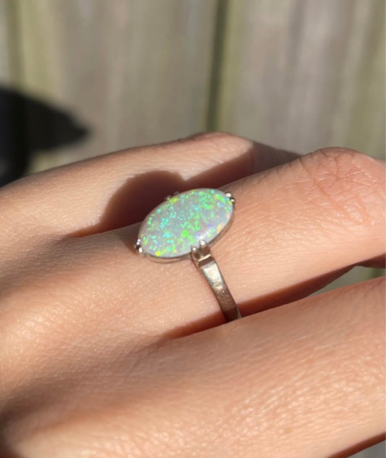 Mid Century 1950s Solid Australian Opal Ring In 14ct White Gold