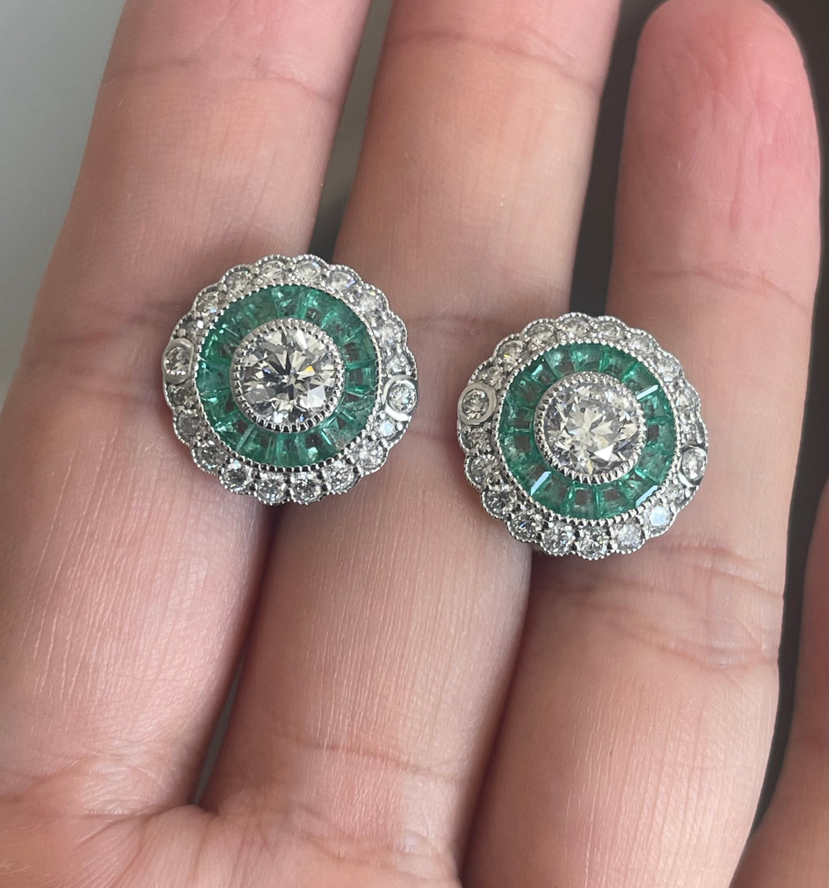 Art Deco Style Natural Diamond Emerald Earrings In 14ct White Gold