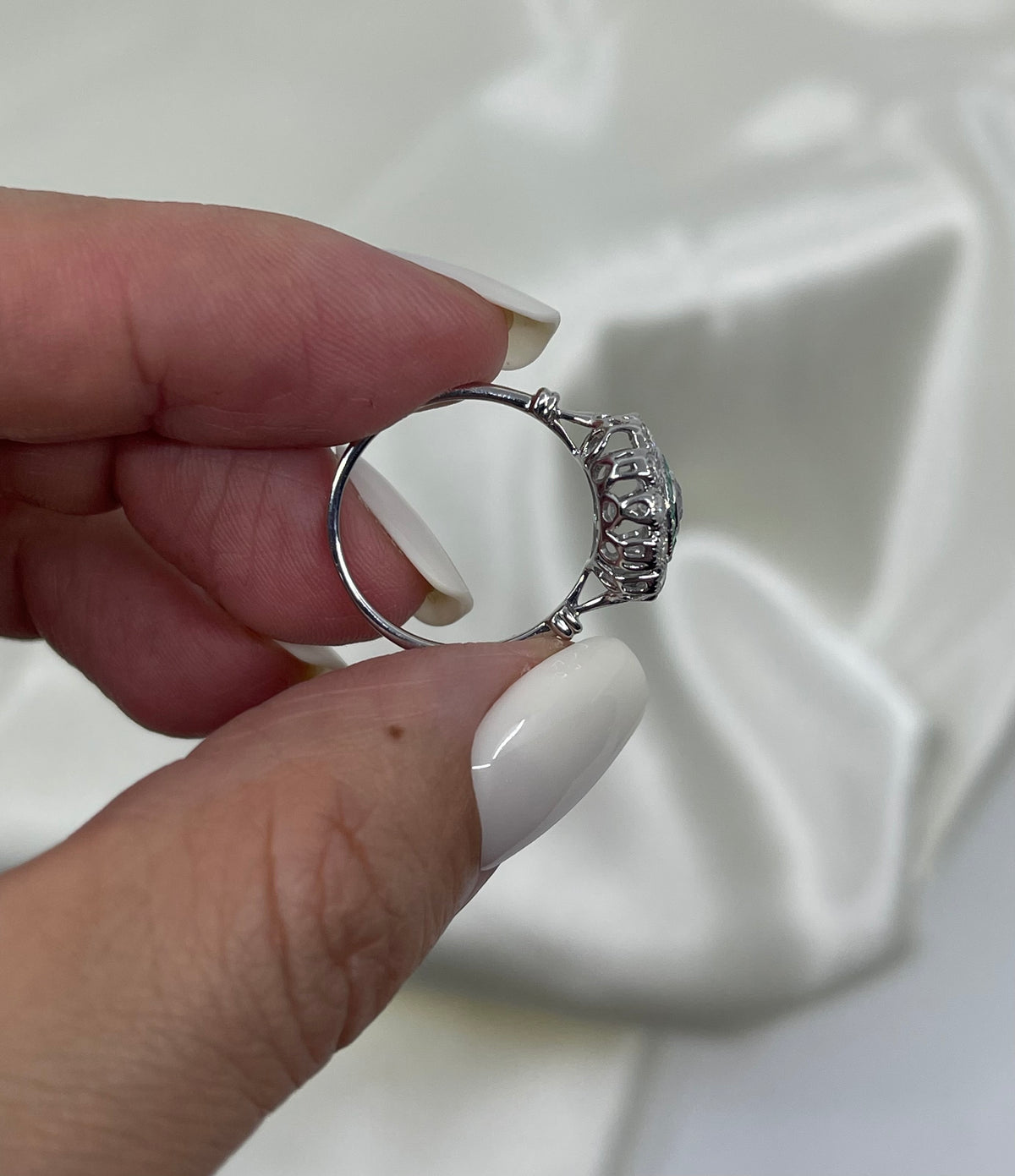 Art Deco Inspired Natural Diamond & Emerald Ring In 14ct White Gold