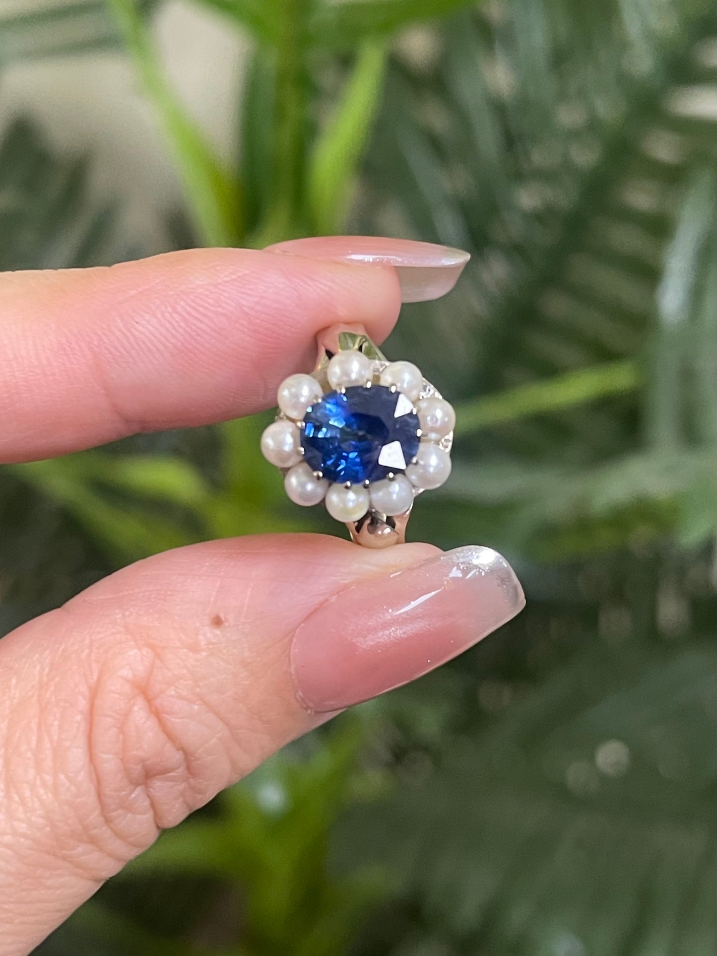 Vintage 2.21ct Natural Ceylon Sapphire & Natural Pearl Halo Ring In 18ct White Gold