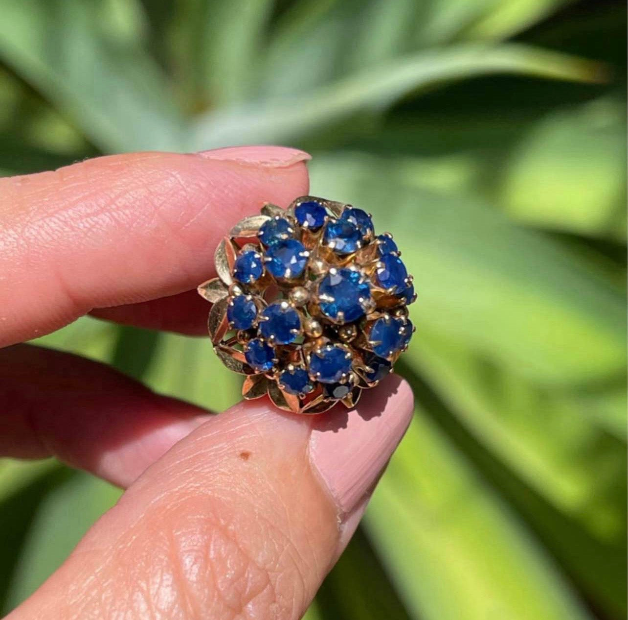Vintage Triple Halo Natural Blue Sapphire Cluster Ring in 10ct Yellow Gold