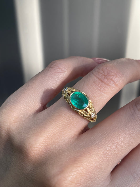 Victorian Inspired 1.35ct Emerald Filigree Ring with diamonds In 9ct Yellow Gold