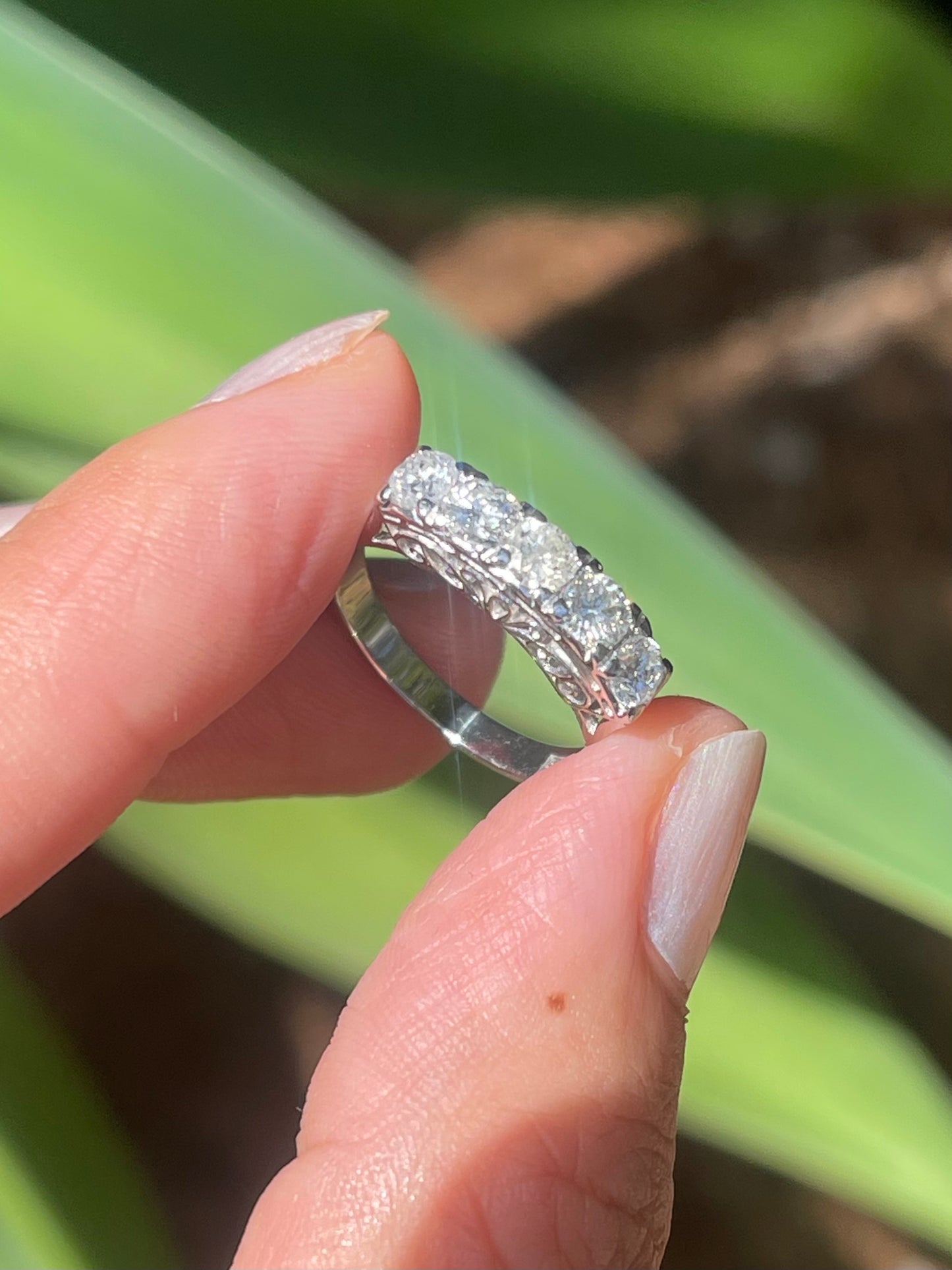 Platinum 1ct natural diamond 5 stone ring in vintage bridge filigree style