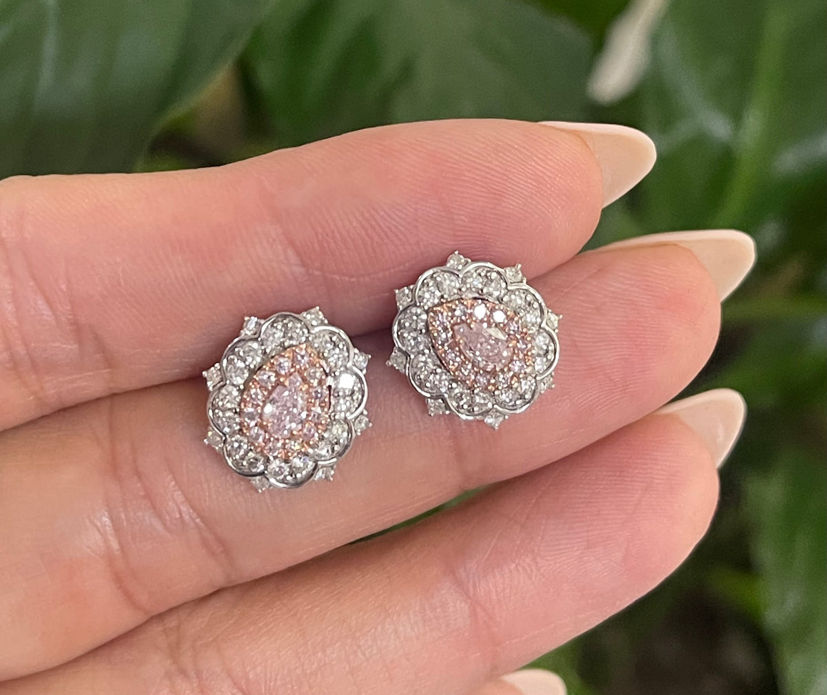 Natural Light Fancy Pink Diamond Stud Earrings In 14ct White Gold