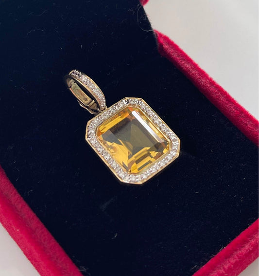Art deco inspired 9ct yellow gold 4.35ct natural citrine diamond halo pendant