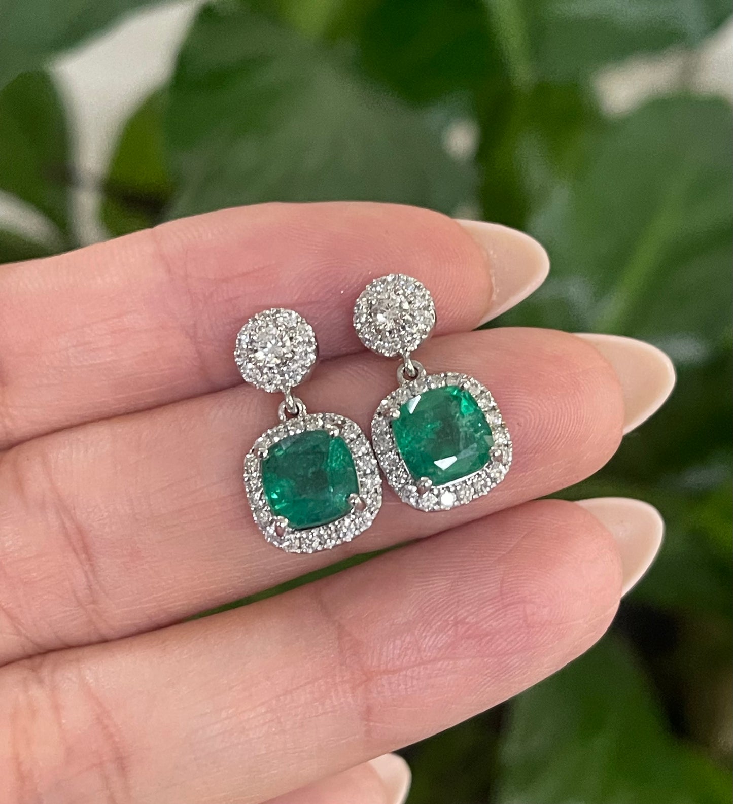 3.02ct Natural Emerald Diamond Drop Earrings In 14ct White Gold