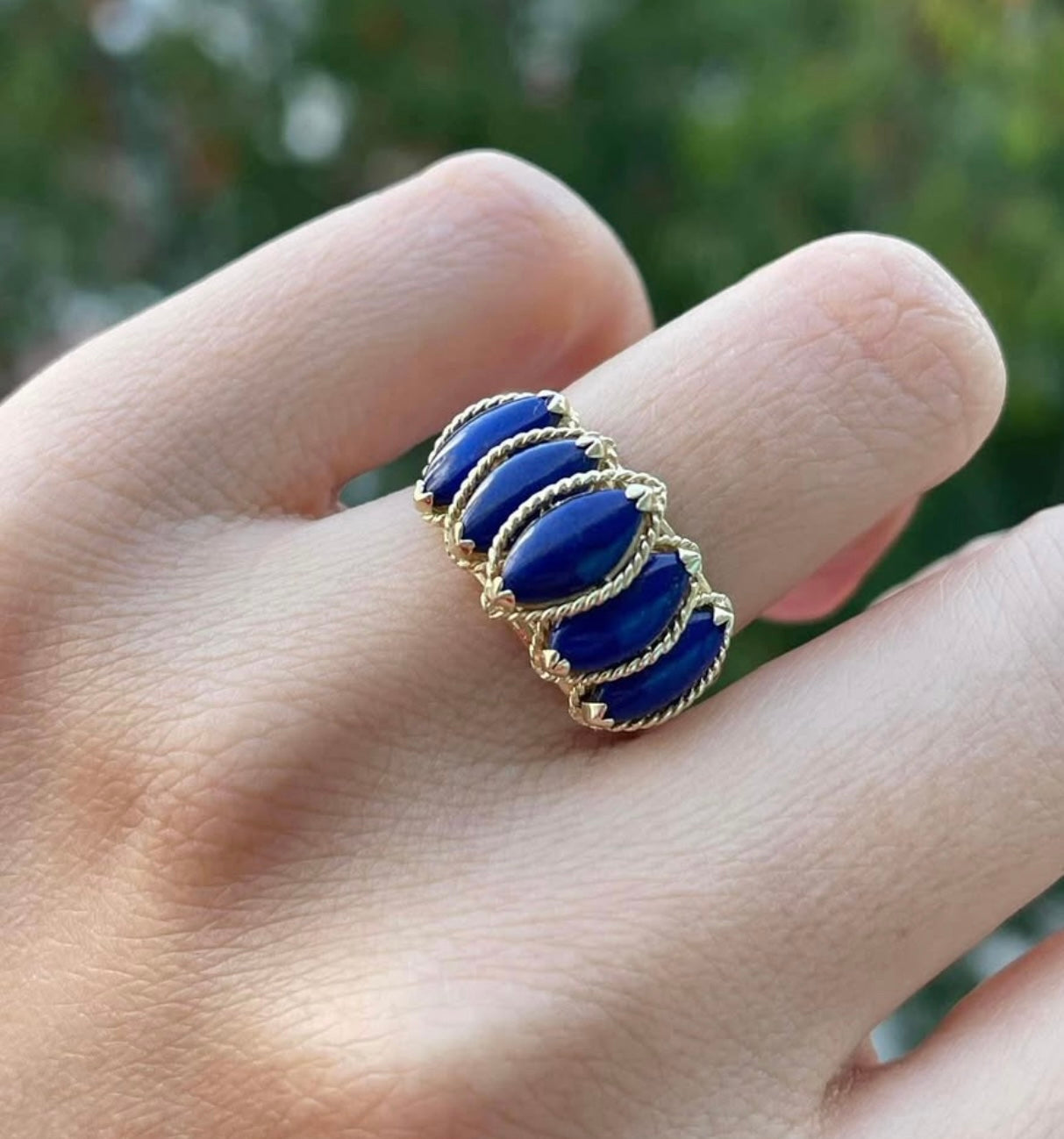 Vintage 14ct 5 stone marquise cut natural lapis ring