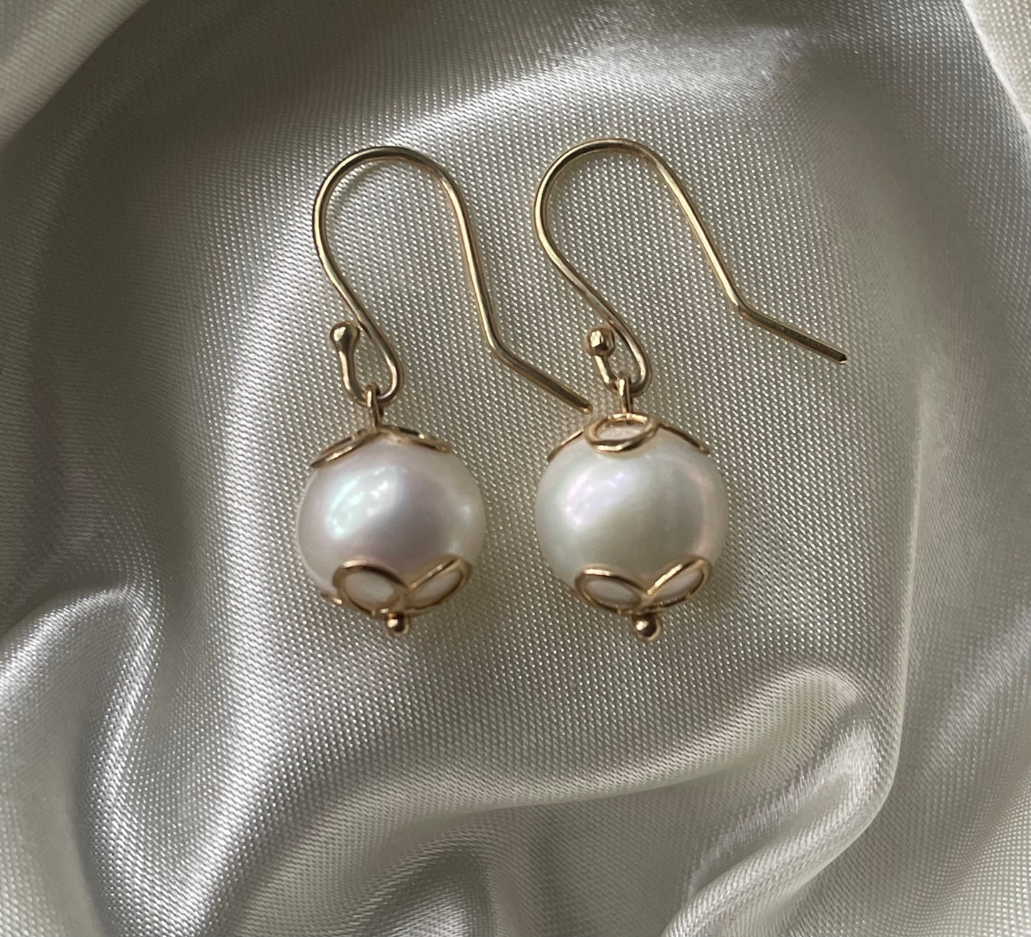 New Pearl Drop Earrings With Flower Detailing In 9ct Yellow Gold