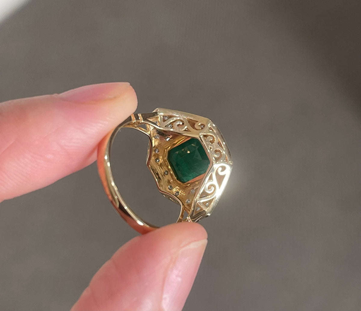 Art Deco Style Natural Emerald Diamond Ring In 14ct Yellow Gold