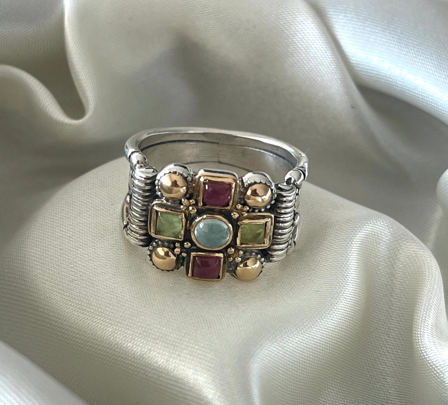 18ct yellow gold & sterling silver aquamarine & tourmaline wide band