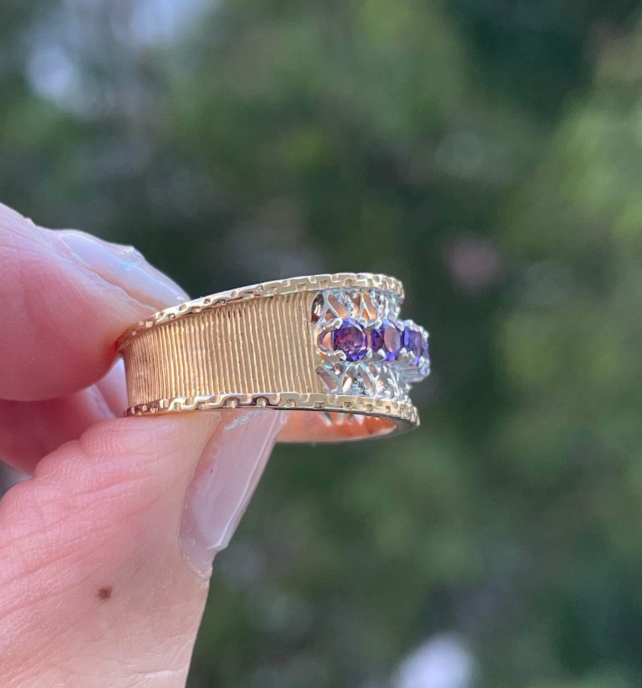 14ct Yellow White Gold Purple Amethyst Diamond Filigree Wide Band Ring