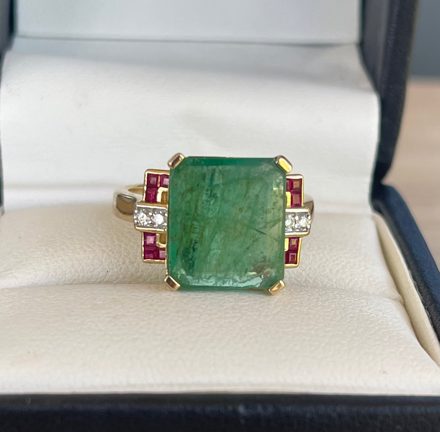 Val $15,400 14ct yellow gold Art Deco Inspired 5ct Natural Colombian Emerald, Ruby & Diamond Ring