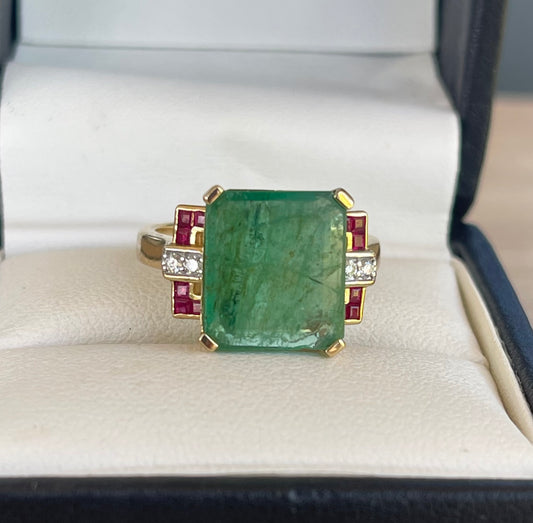 Val $15,400 14ct yellow gold Art Deco Inspired 5ct Natural Colombian Emerald, Ruby & Diamond Ring