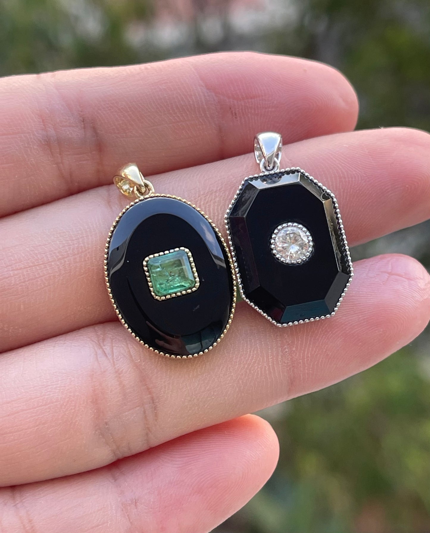 Art deco style 9ct yellow gold onyx pendant with natural emerald