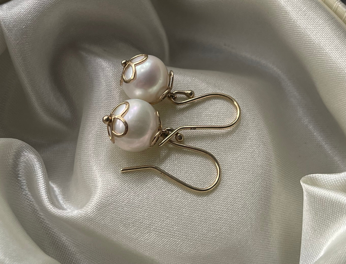 New Pearl Drop Earrings With Flower Detailing In 9ct Yellow Gold