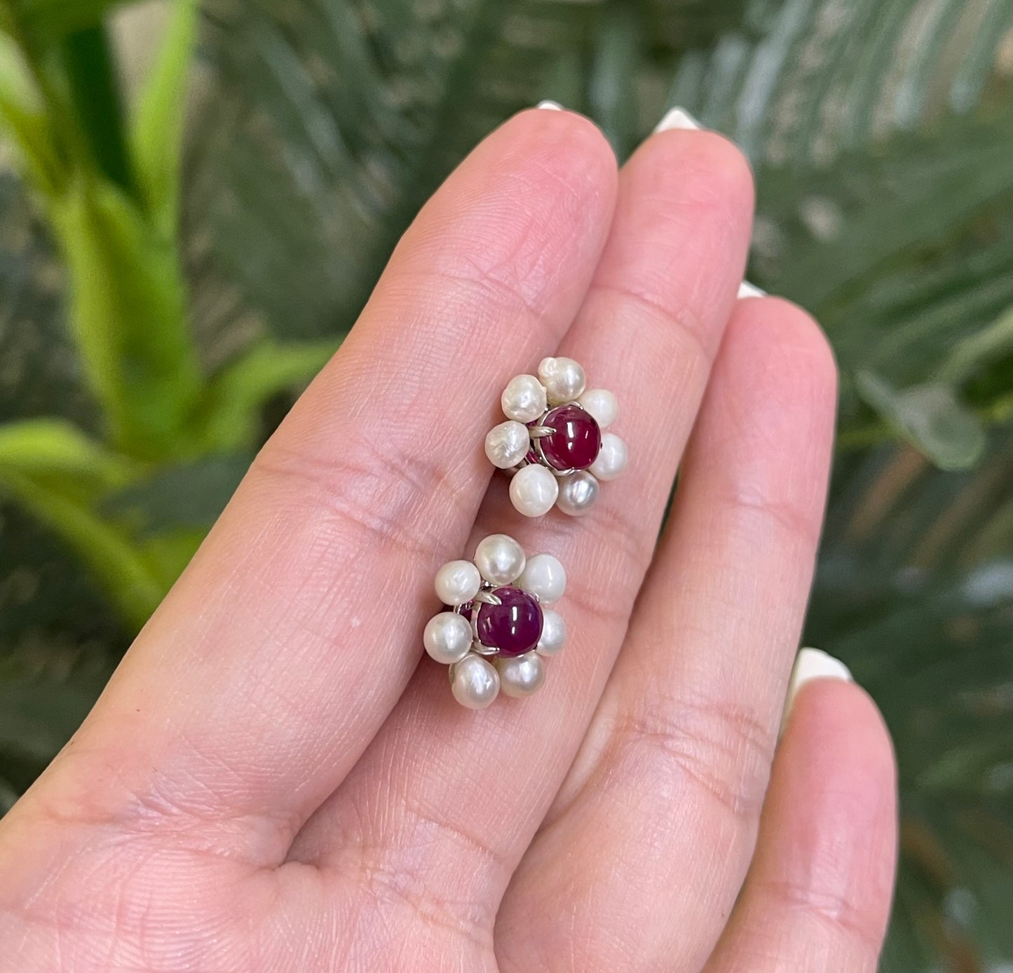 Natural Ruby & Natural Pearl Flower Earrings In 14ct White Gold
