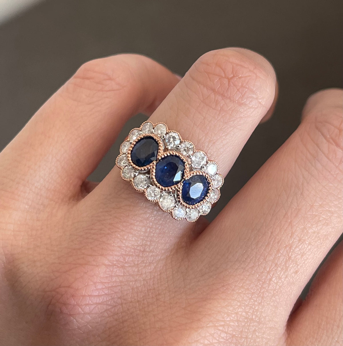 Classic Natural Sapphire Diamond Trilogy Ring In 14ct Rose Gold