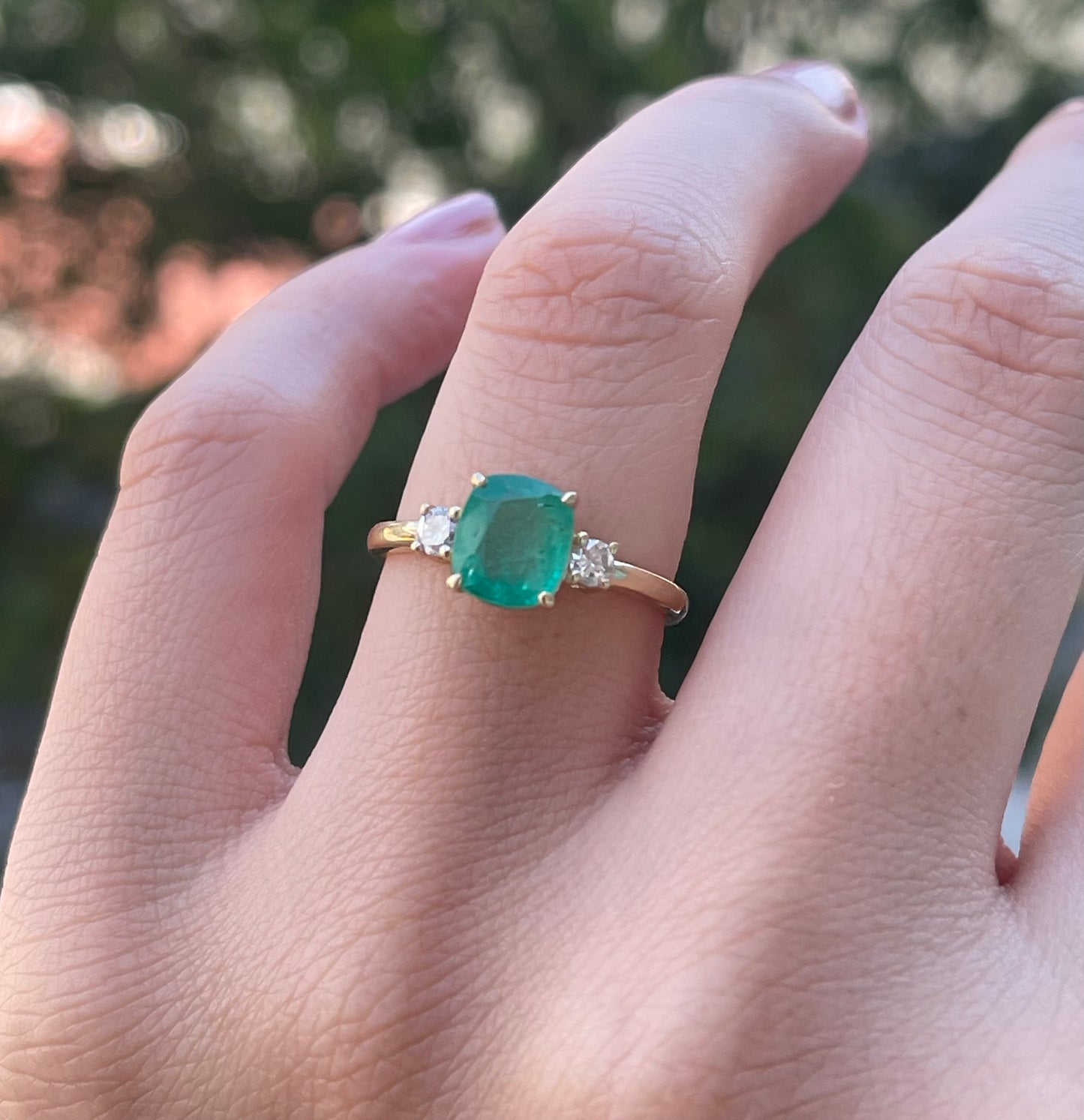 9ct yellow gold 1.5ct natural emerald with diamond 3 stone trilogy ring