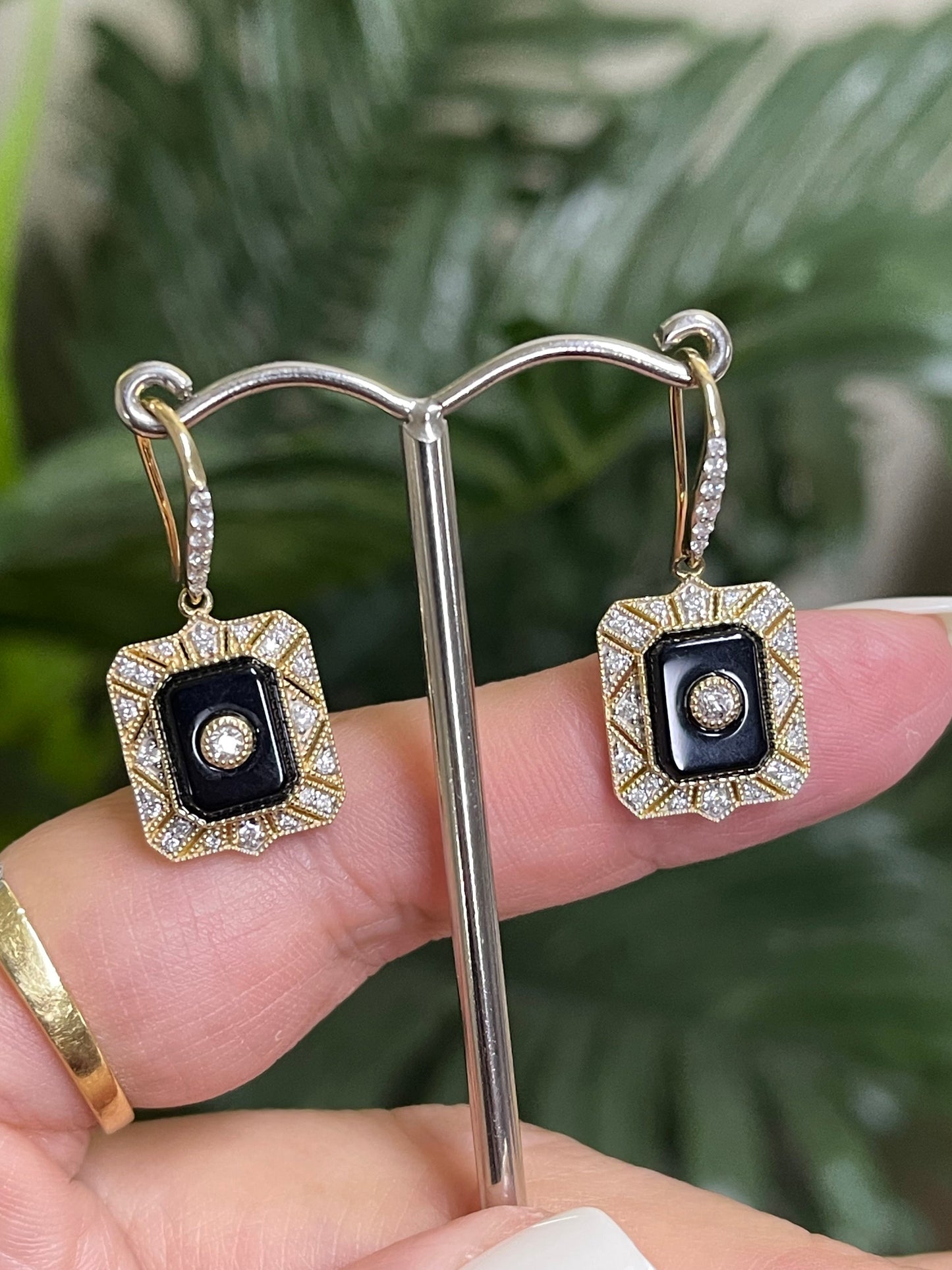 Art Deco Inspired Onyx & Natural Diamond Earrings In 14ct Yellow Gold