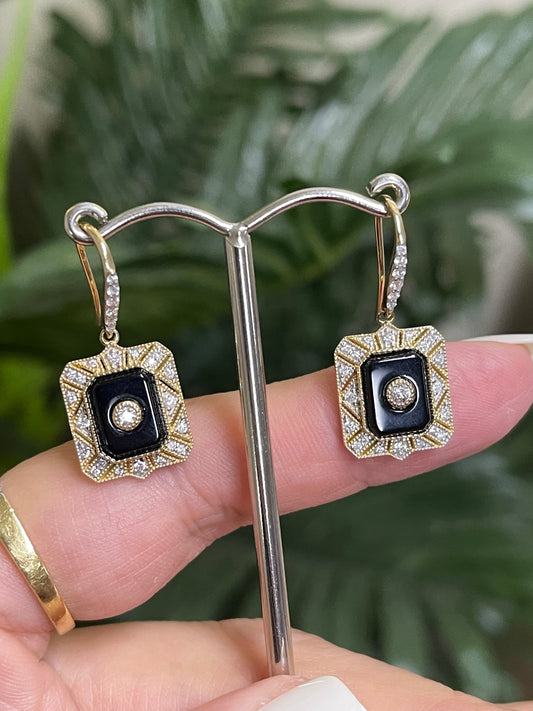 Art Deco Inspired Onyx & Natural Diamond Earrings In 14ct Yellow Gold