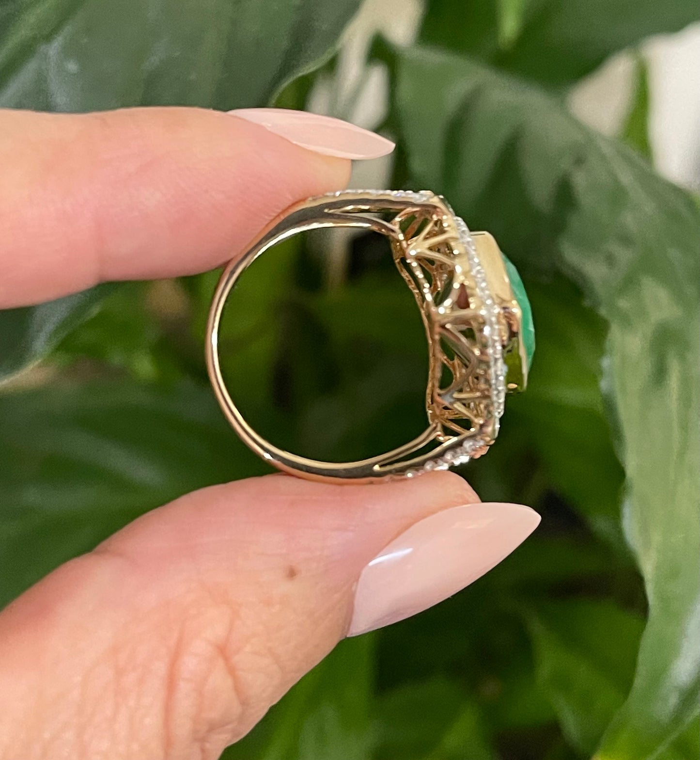 Luxury 4.7ct Natural Heart Emerald Double Diamond Halo Ring In 14ct Yellow Gold