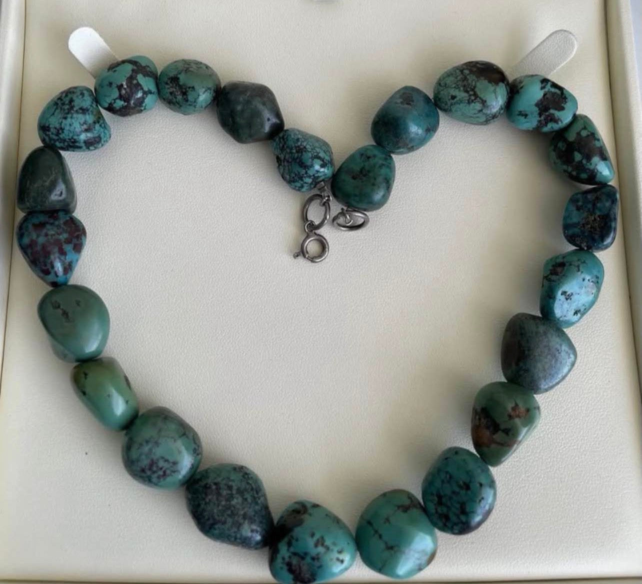 Vintage Large Turquoise Bead Necklace In 925 Sterling Silver Clasp