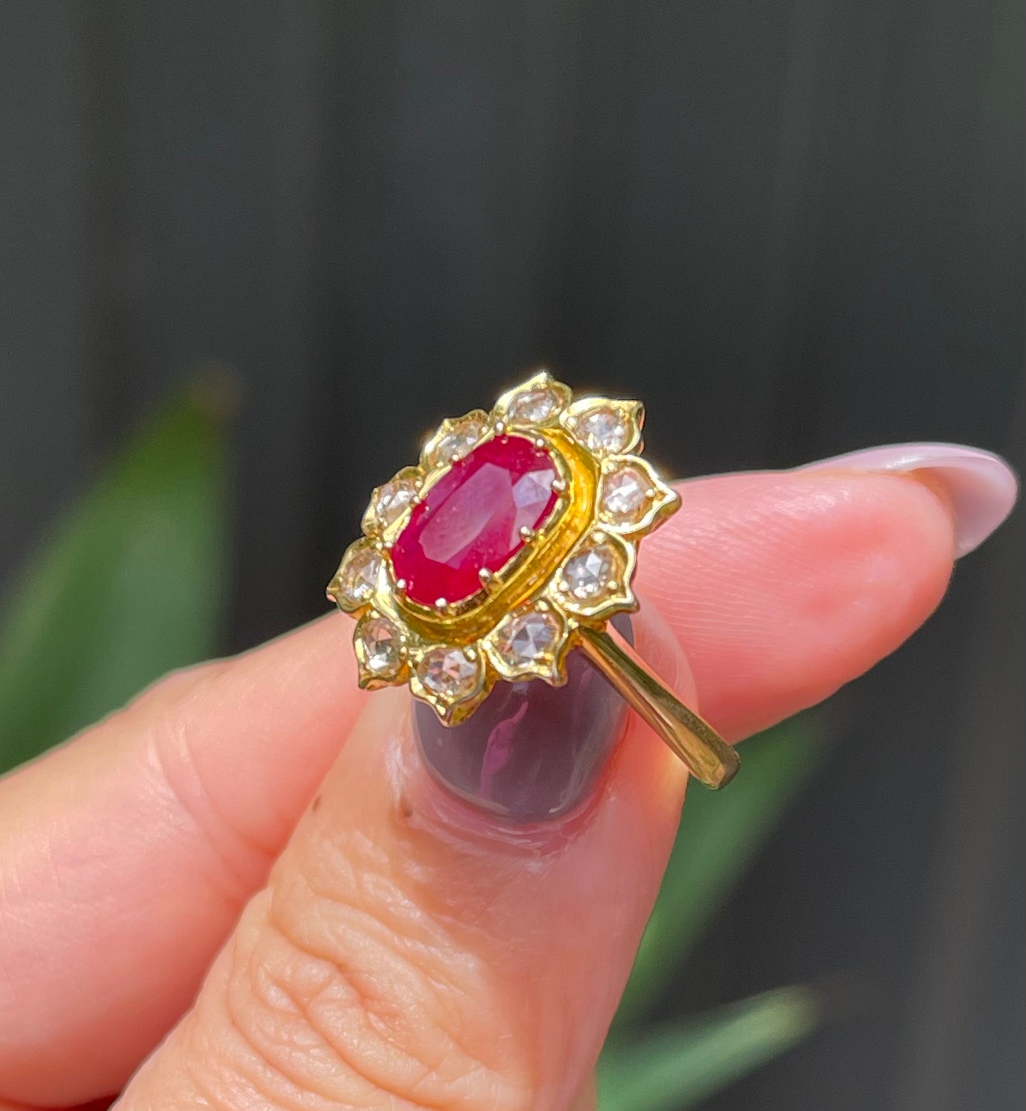 Antique style 2.5ct Ruby & Rose-Cut Diamond Cluster Ring in 14ct Yellow Gold