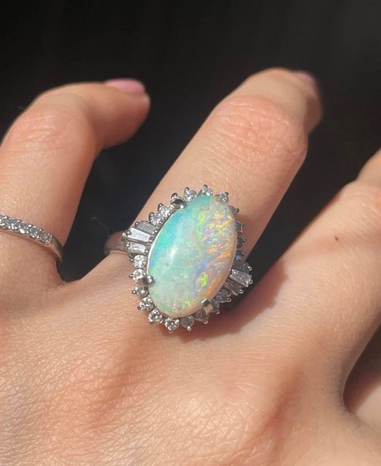 Natural Solid Australian Opal & Diamond Ring In 900 Platinum