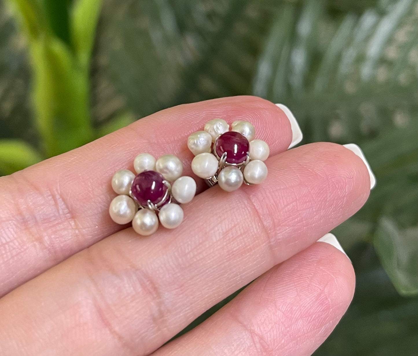 Natural Ruby & Natural Pearl Flower Earrings In 14ct White Gold