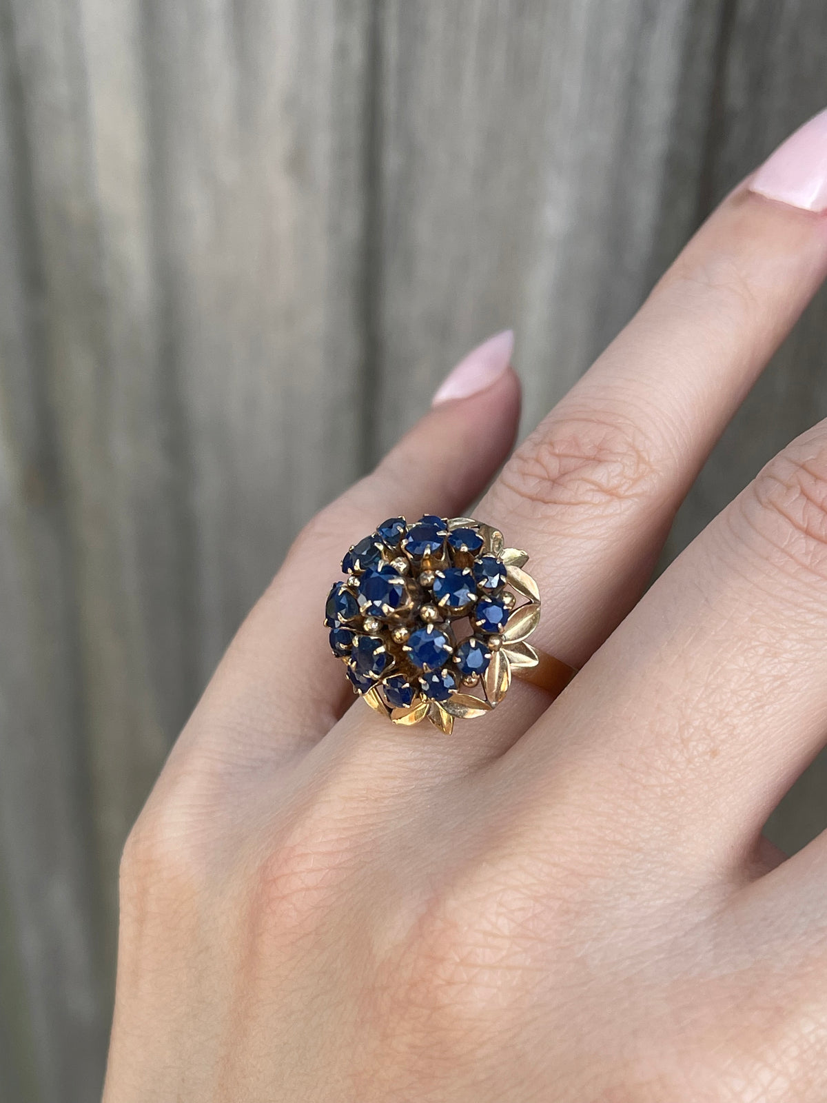 Vintage Triple Halo Natural Blue Sapphire Cluster Ring in 10ct Yellow Gold