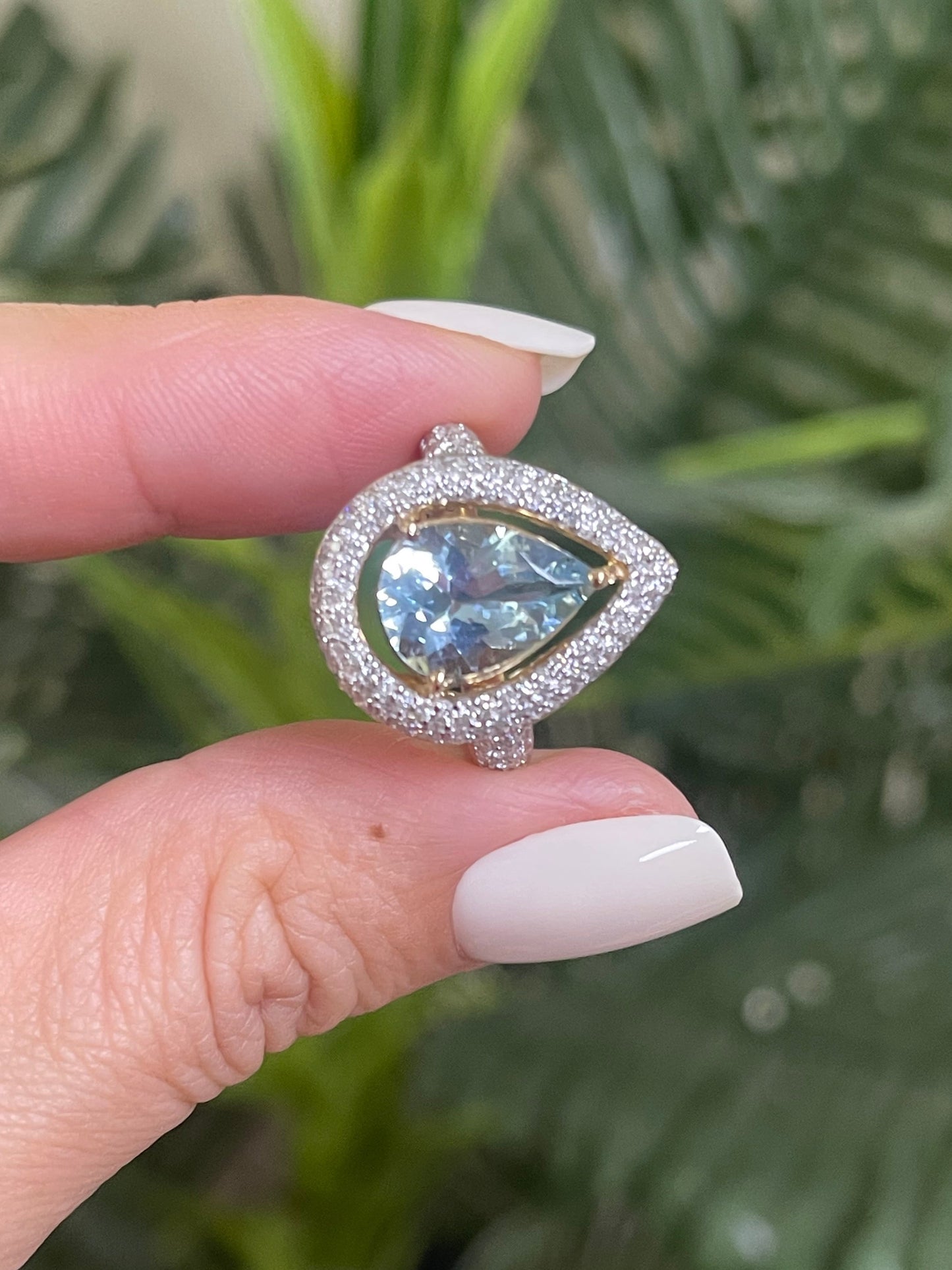 Natural Aquamarine & Diamond Halo Ring In 14ct Yellow Gold