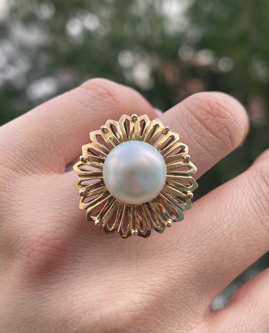 Vintage estate 9ct yellow gold genuine pearl sunflower ring