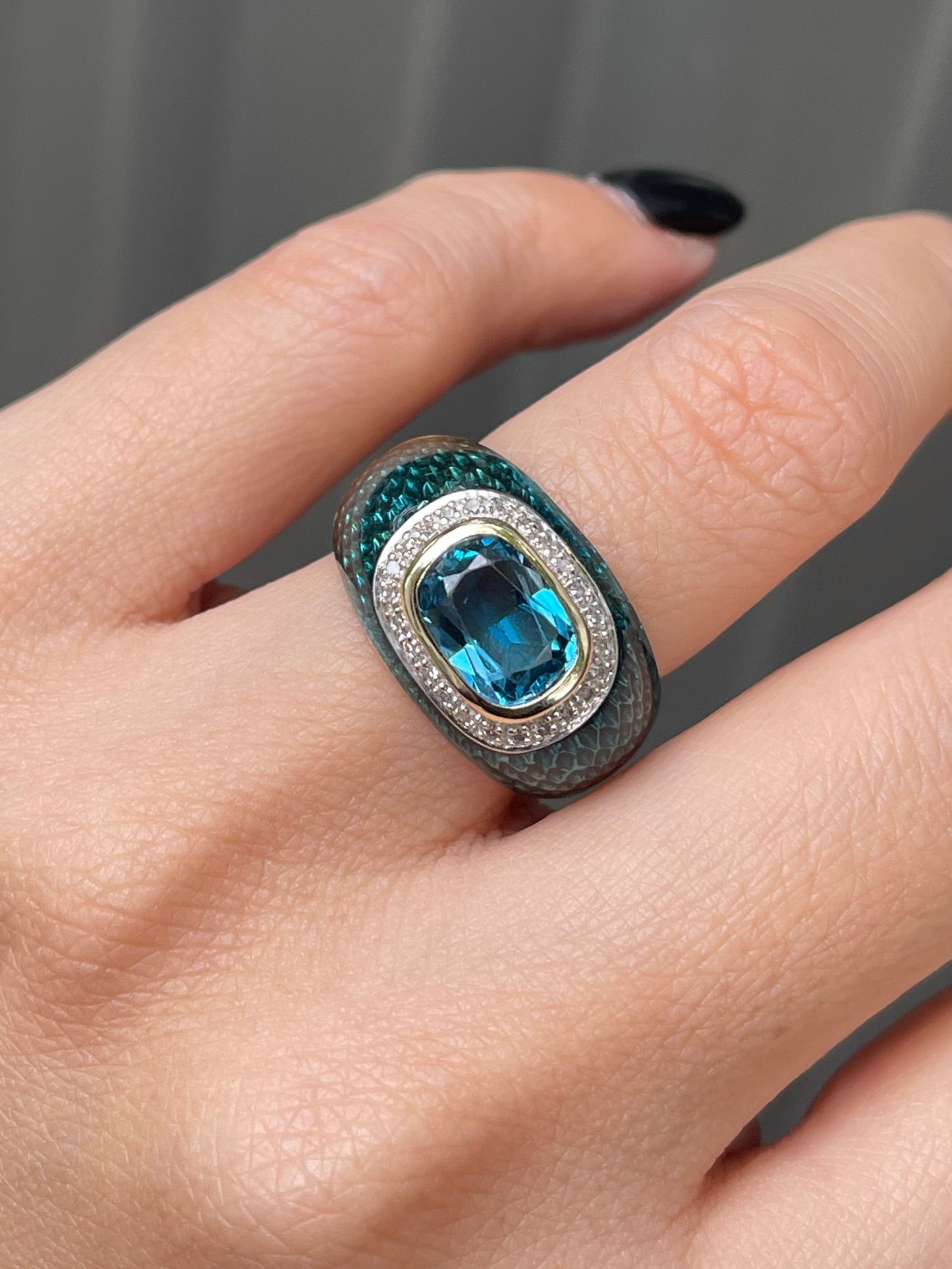 Blue Topaz & Diamond Snakeskin Pattern Enamel Ring in 14ct Yellow Gold
