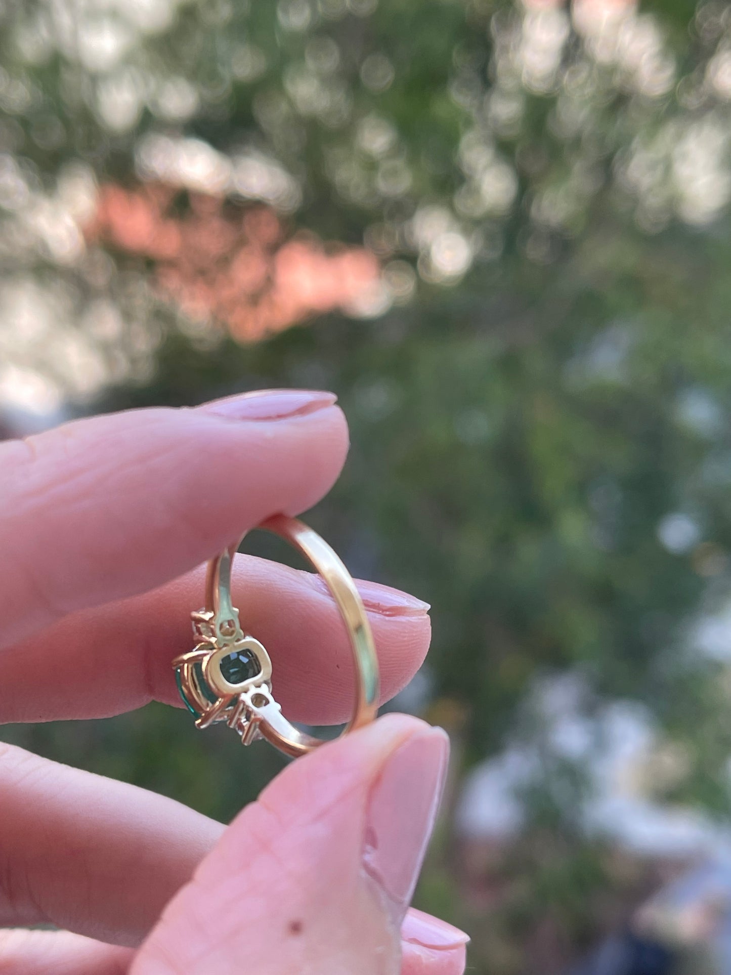 9ct yellow gold 1.5ct natural emerald with diamond 3 stone trilogy ring