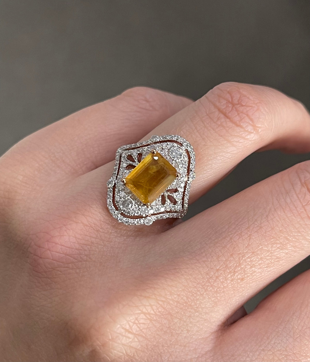Vintage Style Natural Yellow Sapphire Diamond Ring In 14ct Rose Gold