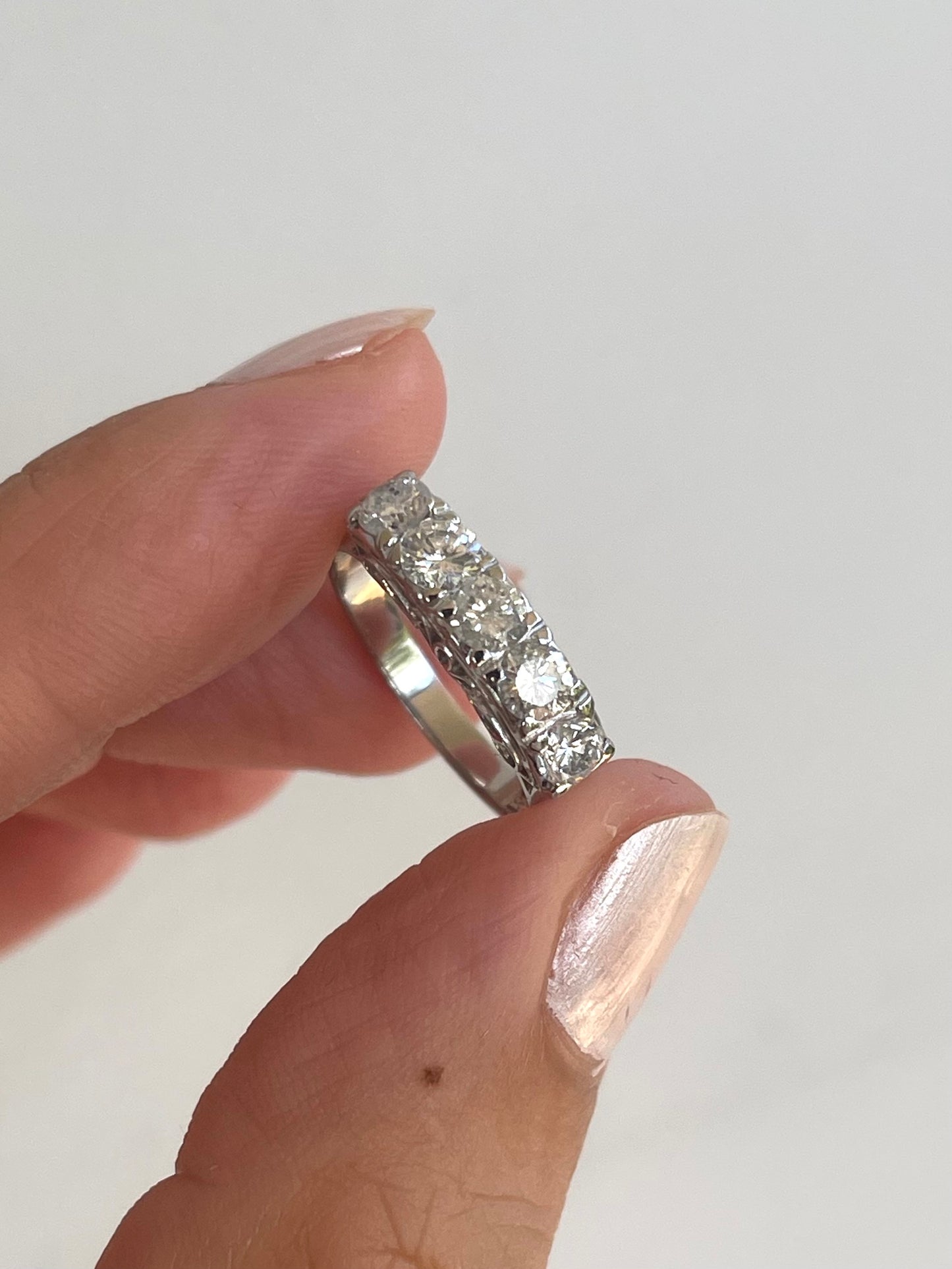 Platinum 1ct natural diamond 5 stone ring in vintage bridge filigree style
