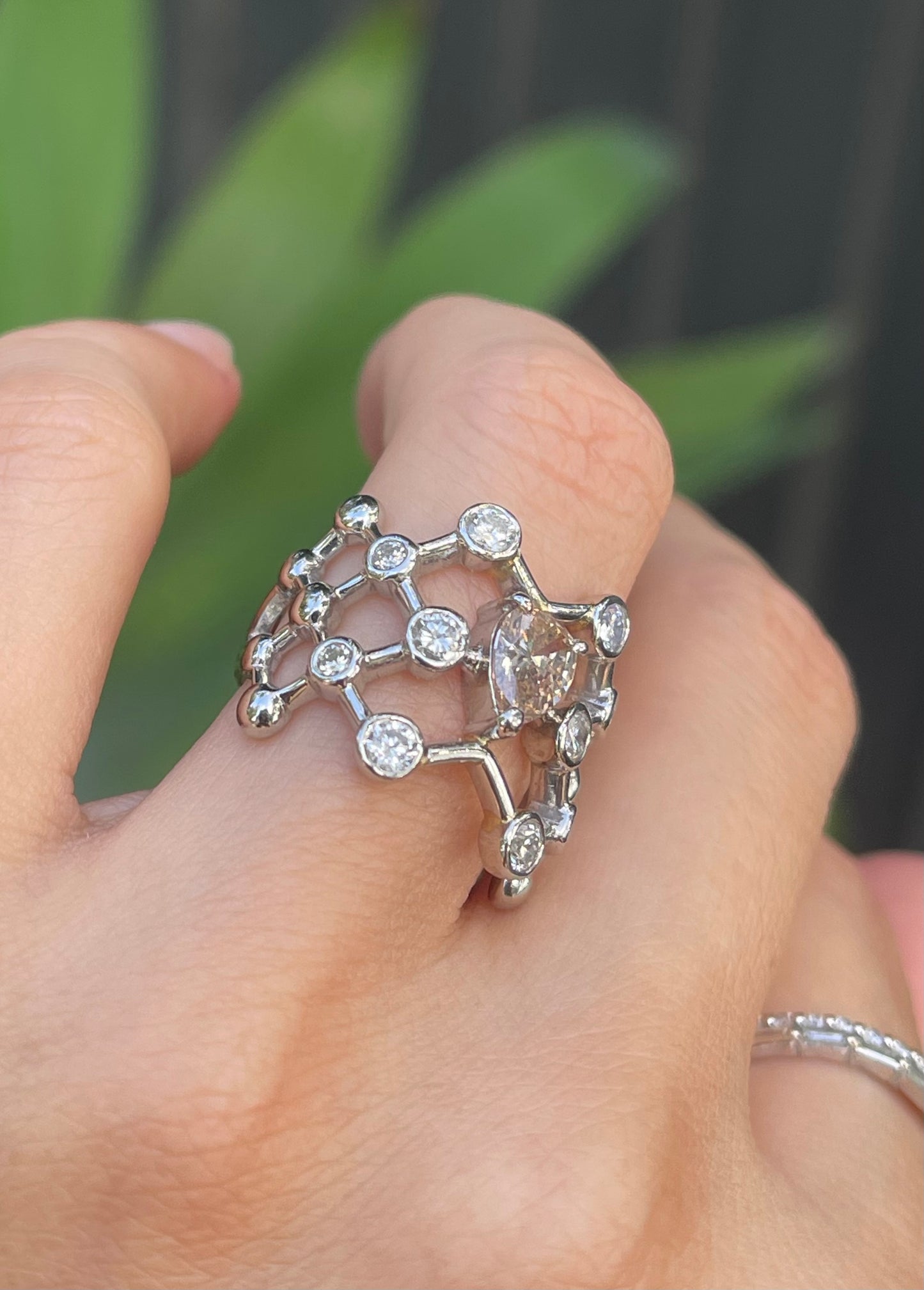 11.8grams 900 Platinum 1.63ct Natural Champagne Diamond geometric / architectural Ring