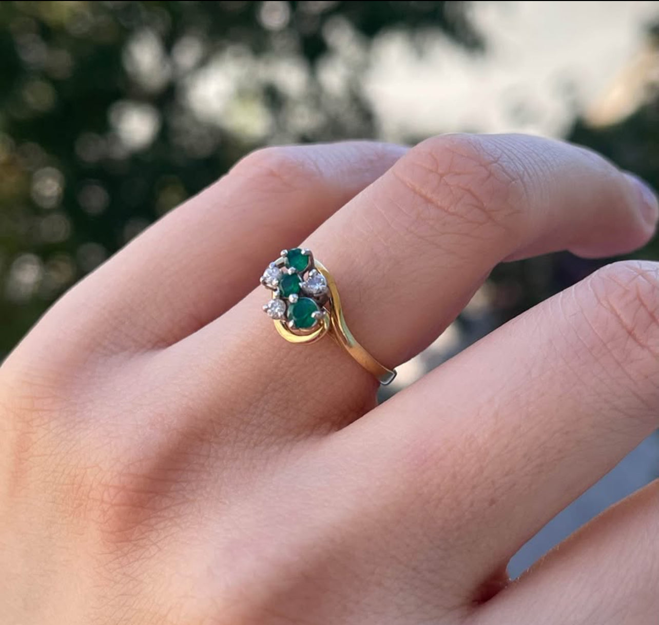 Vintage handmade 18ct yellow & white gold natural emerald diamond dress ring