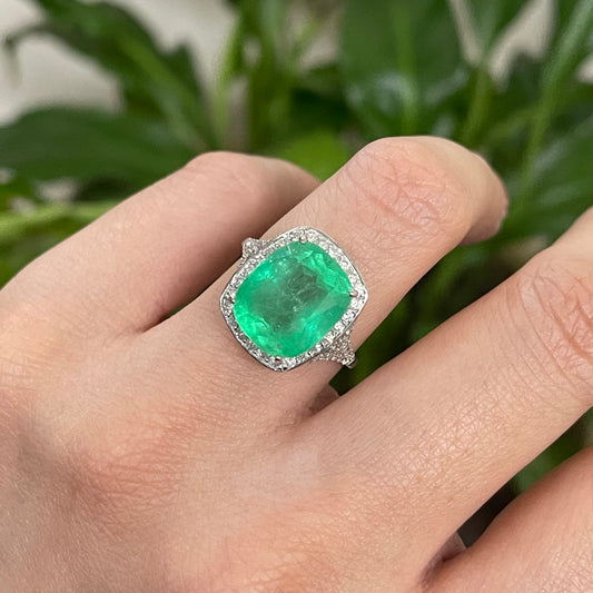 7.23ct Natural Colombian Emerald Diamond Halo Ring In 14ct White Gold