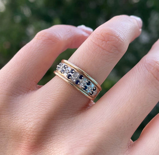 Vintage 9ct yellow & white natural diamond sapphire band ring