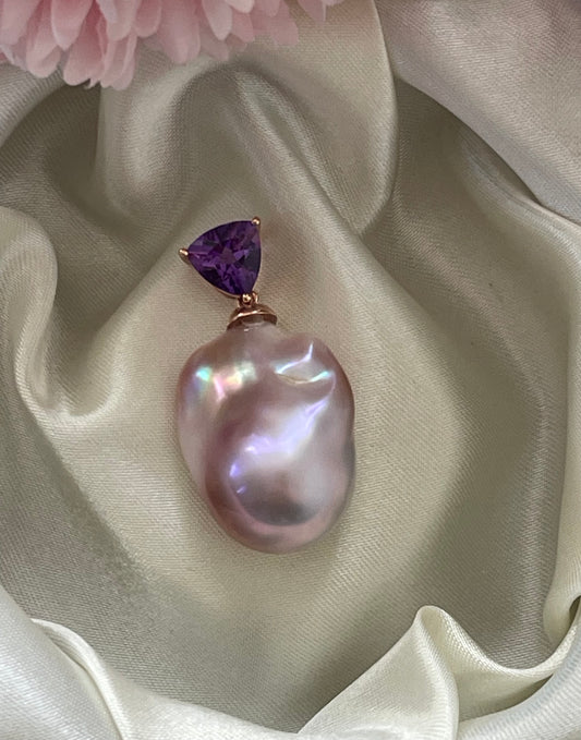 Statement Lavender Baroque Pearl Pendant & Amethyst in 9ct Rose Gold
