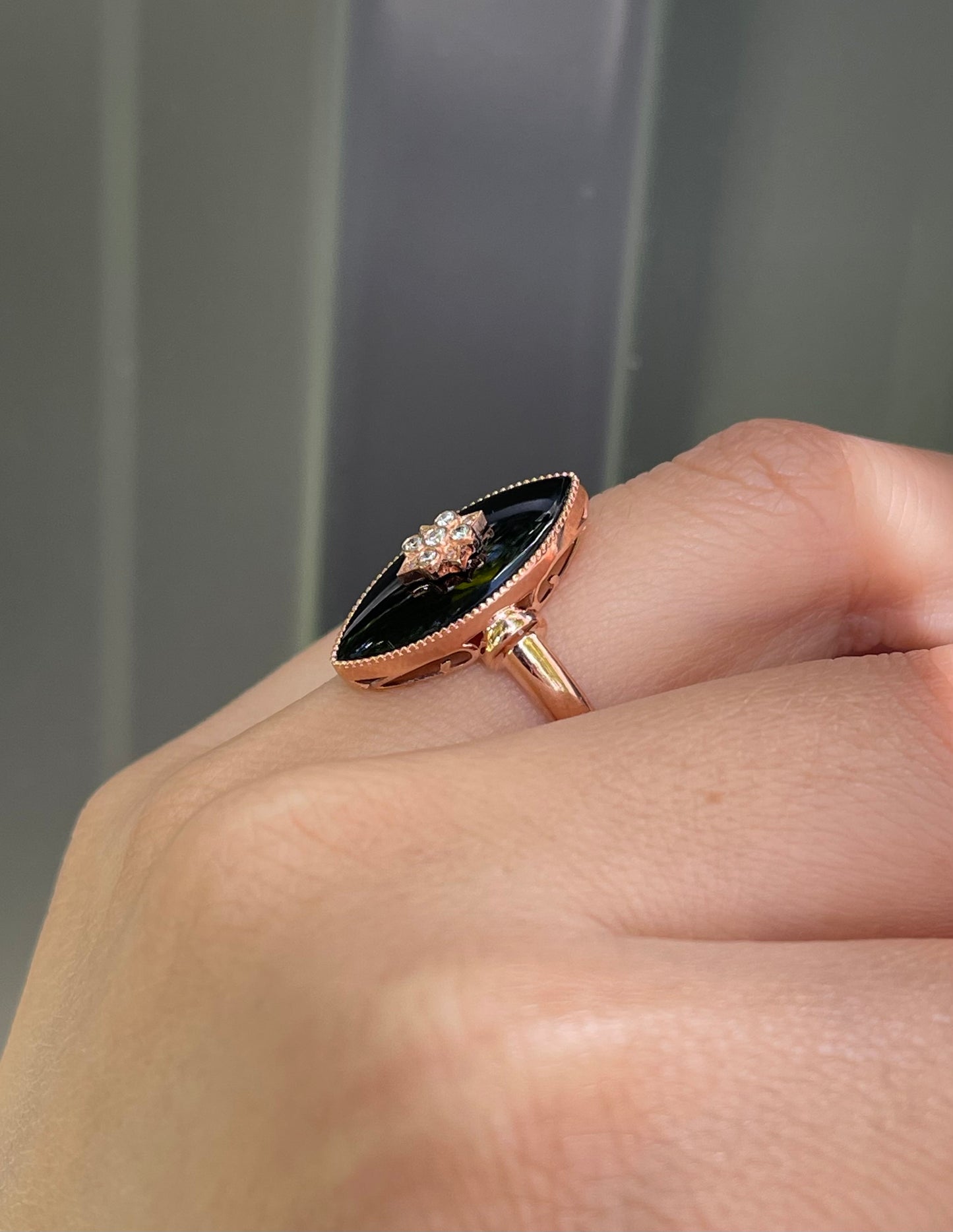 Navette Diamond Flower Pattern Onyx Ring In 9ct Rose Gold