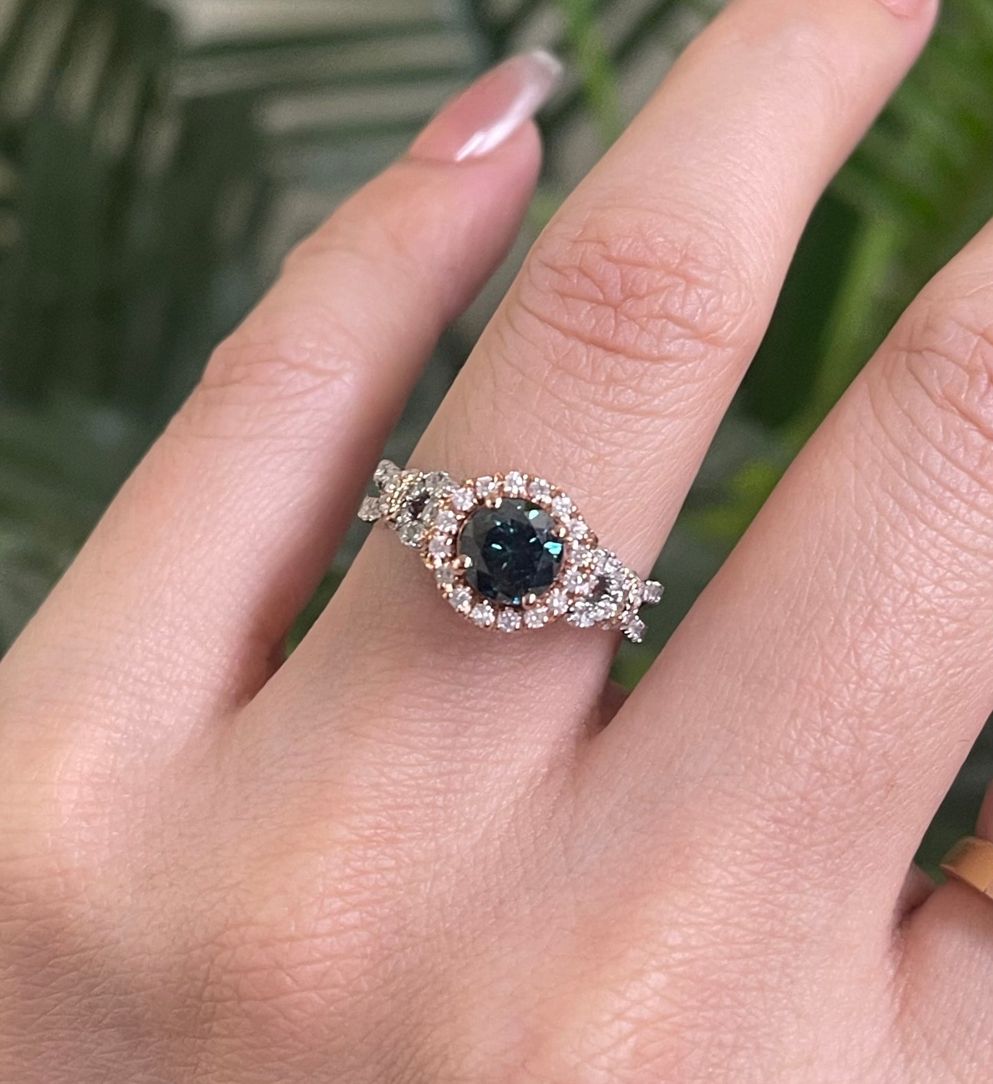 1.08ct Natural Teal Blue Diamond & 0.78ct White Diamond Ring In 14ct White & Rose Gold